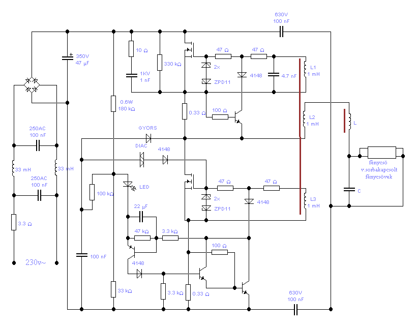 sajat 2 pontos fénycsöelektronika kapcsolási rajza